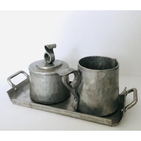1940s Buenilum Hammered Aluminum Cream & Sugar Set & Serving Tray BW Metalwork - Picture 4 of 13